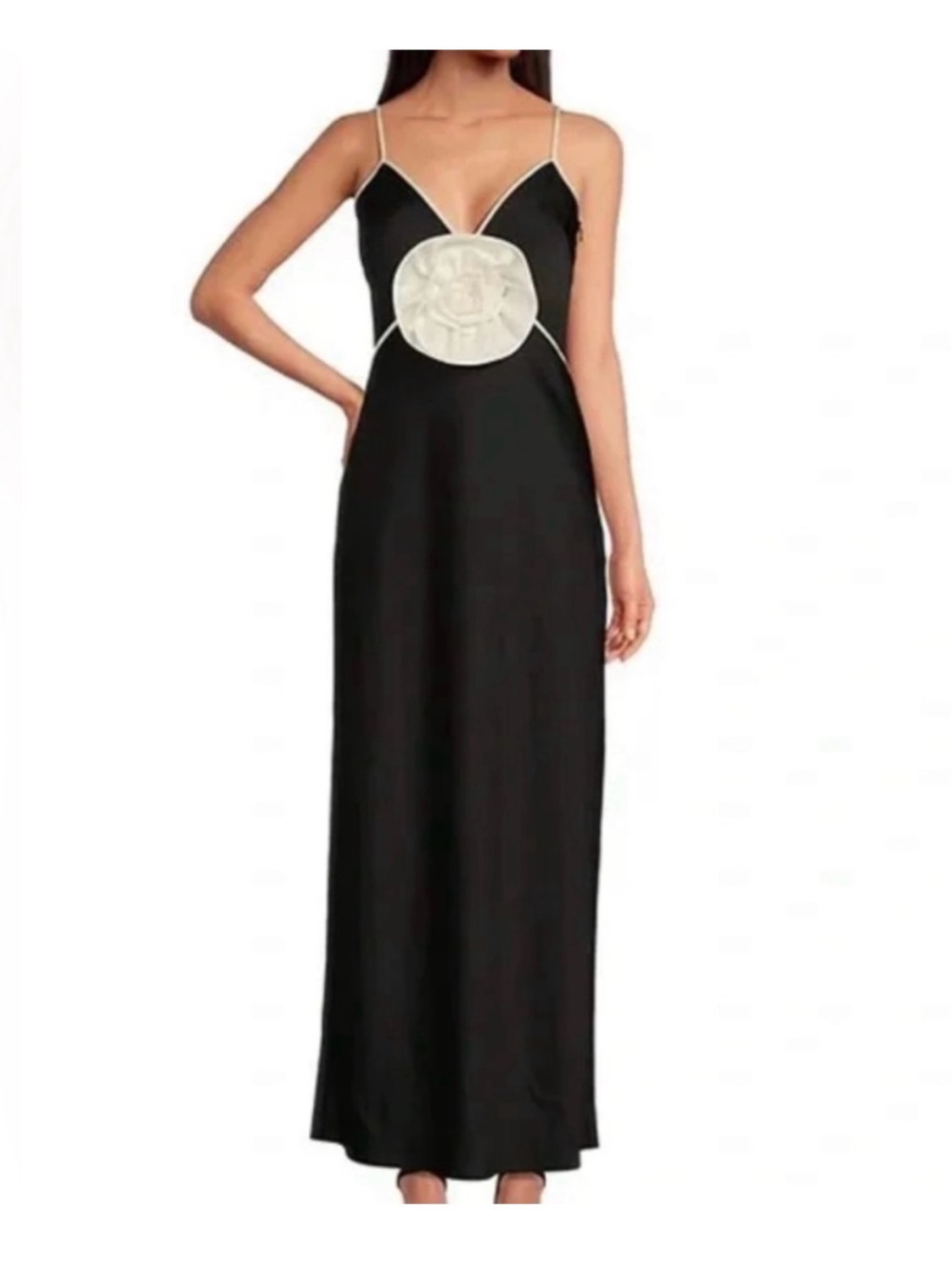 Gianni Bini Black Slip Dress with Silver Rosette Detail - Womens